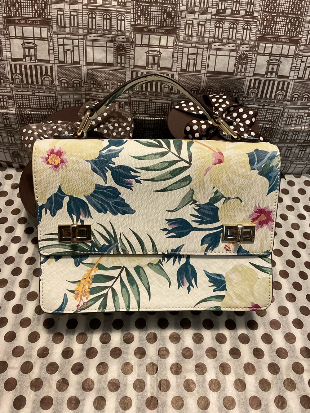 EUC Henri Bendel West 57th Schoolbag in Tropical Floral Print w Dust Bag - Picture 2 of 16